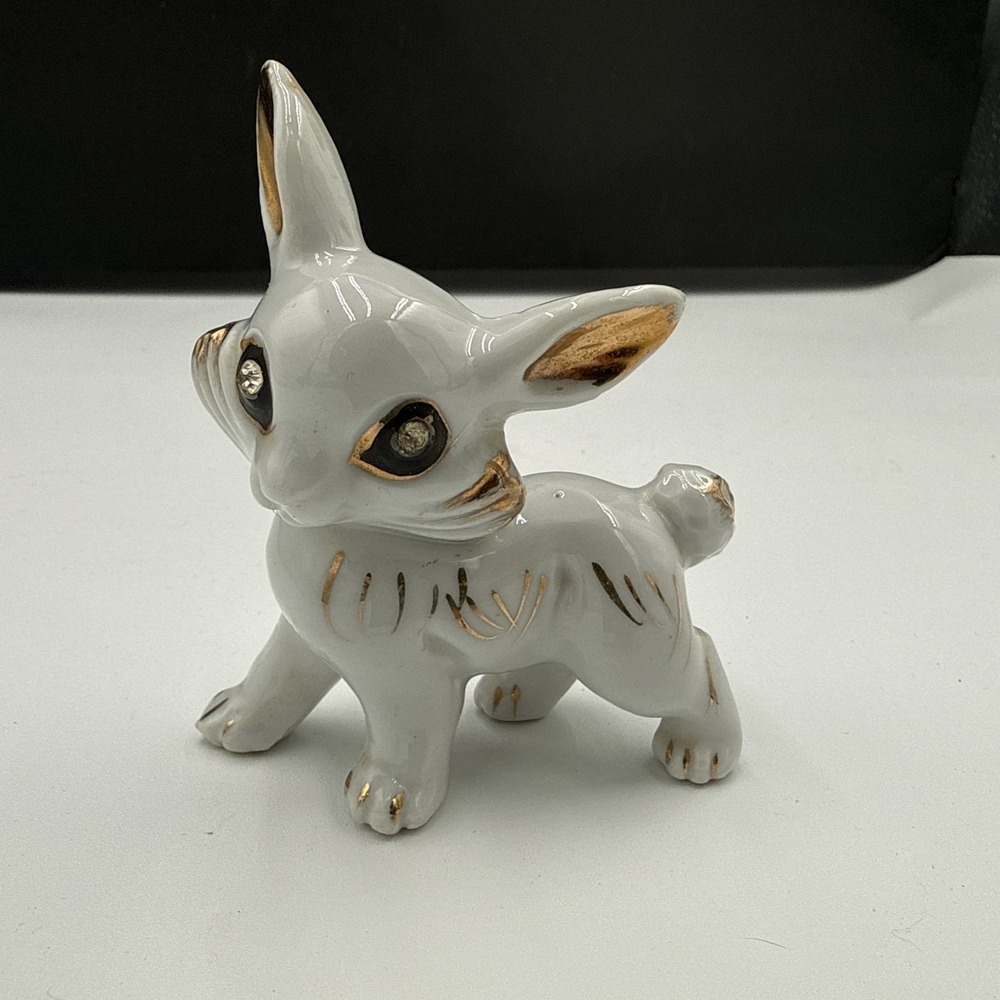 Vintage Japan White Porcelain Bunny Rabbit Figurine Gold Gilt Rhinestone Eyes